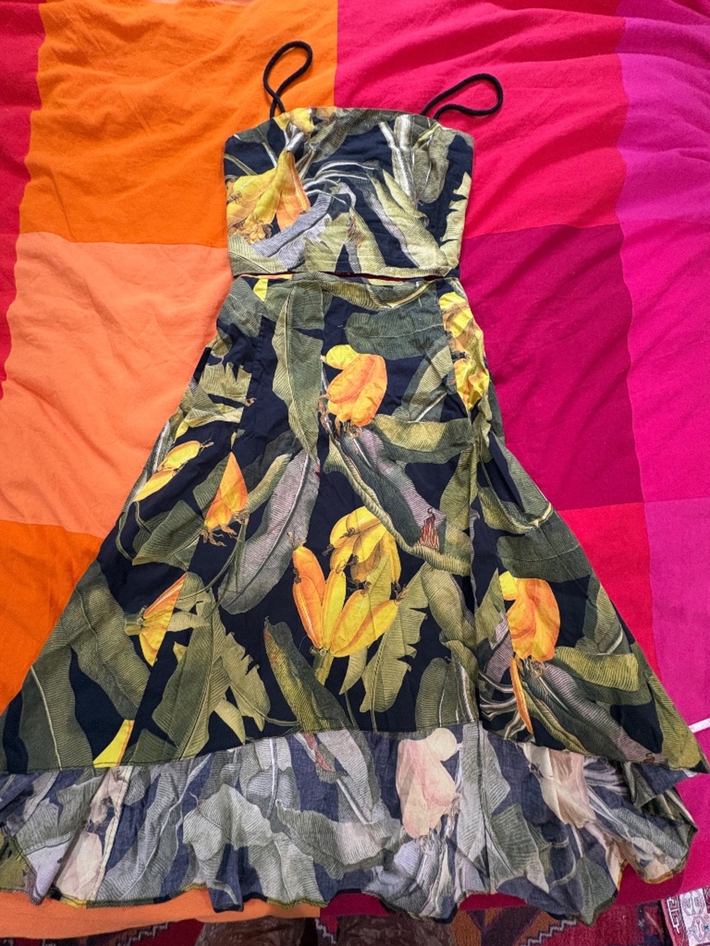 FARM Rio Banana Leaf Print Two Piece Set Crop Top Wrap Skirt Tassel Ties S